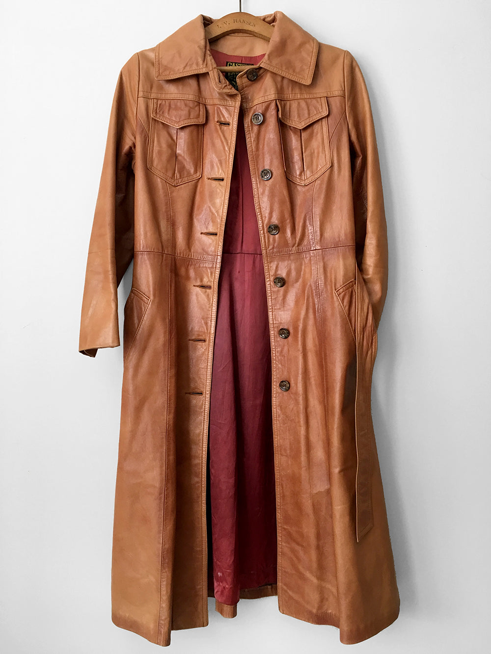 1970s Made in Canada Long Tobacco Brown Belted Leather Coat