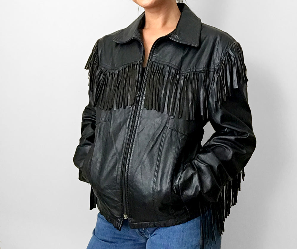 1970s Black Fringe Leather Biker Jacket