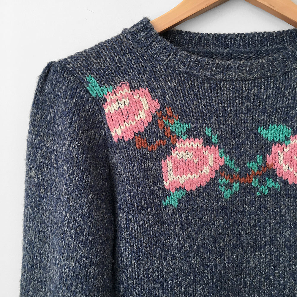 1970s Bobble-Knit Hand-Knit Handmade Floral Pullover Sweater