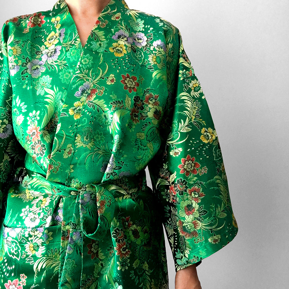 Emerald Green Satin Botanical Belted Kimono