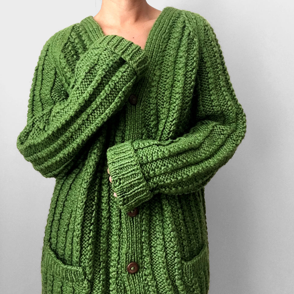 Apple-Green Button-Front Handmade Knit Cardigan