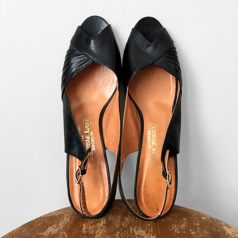 1970s Black Leather Peep Toe Slingback Heeled Shoes