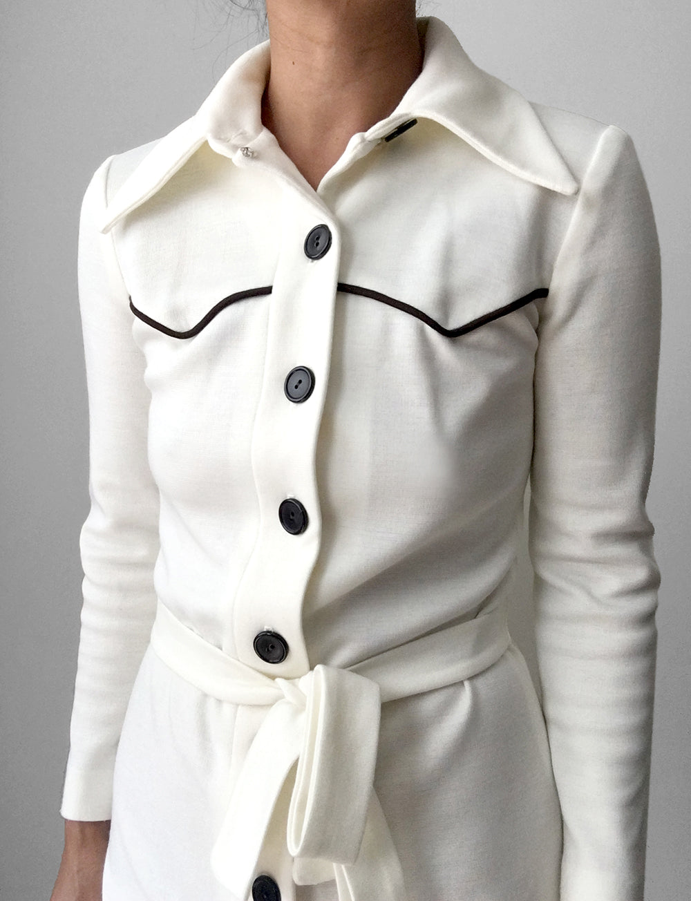 1970s Made in Canada Wide Lapel Button Up Off-White Belted Shirt Dress