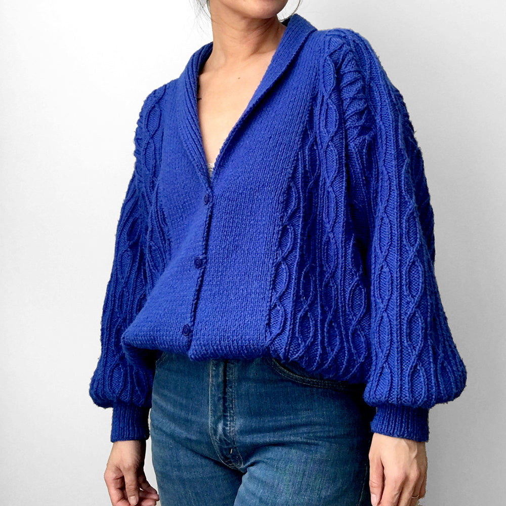 1980s Indigo Blue Slouchy Cable-Knit Cardigan Sweater