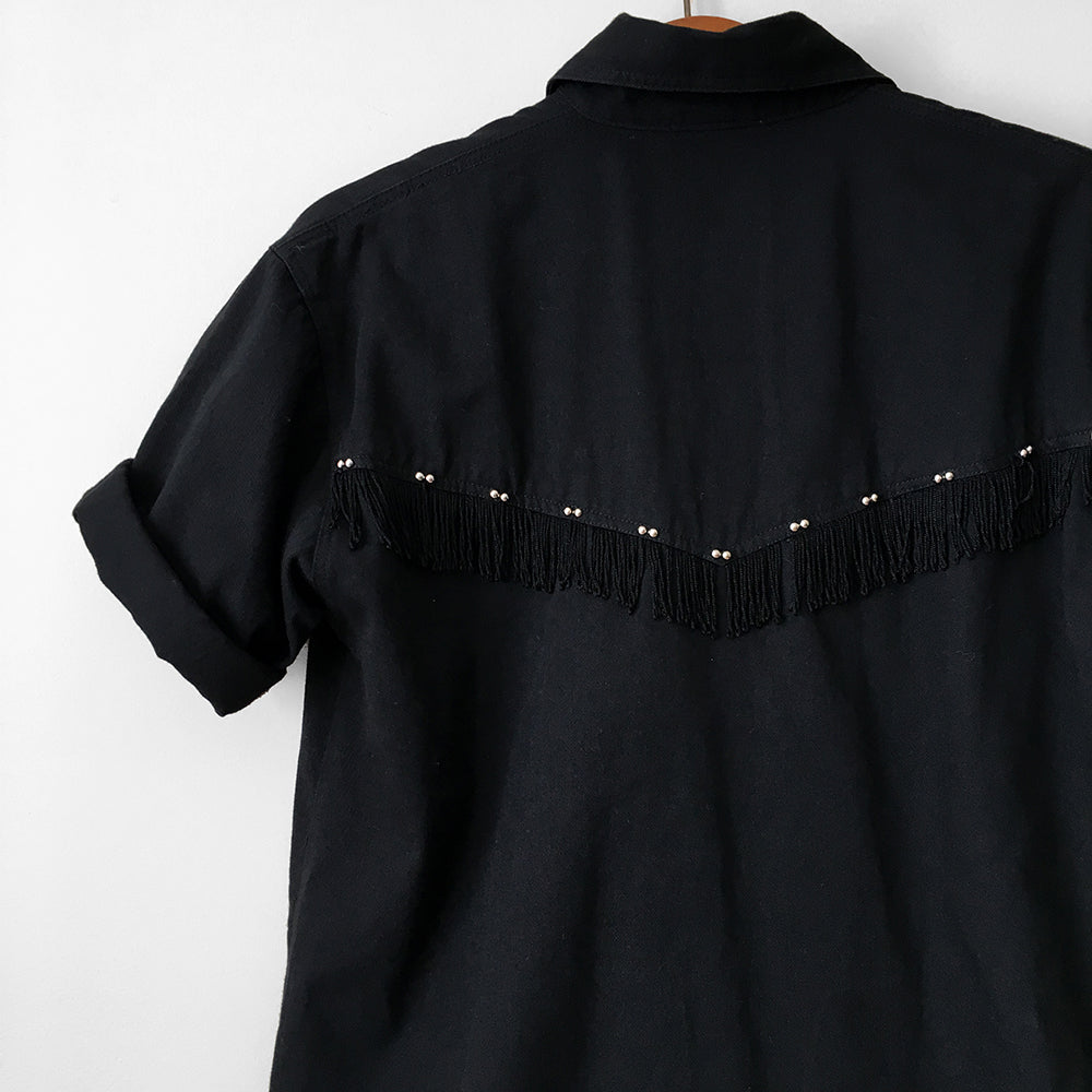 1980s Black Chambray Beaded Fringe Button-Front Collared Shirt