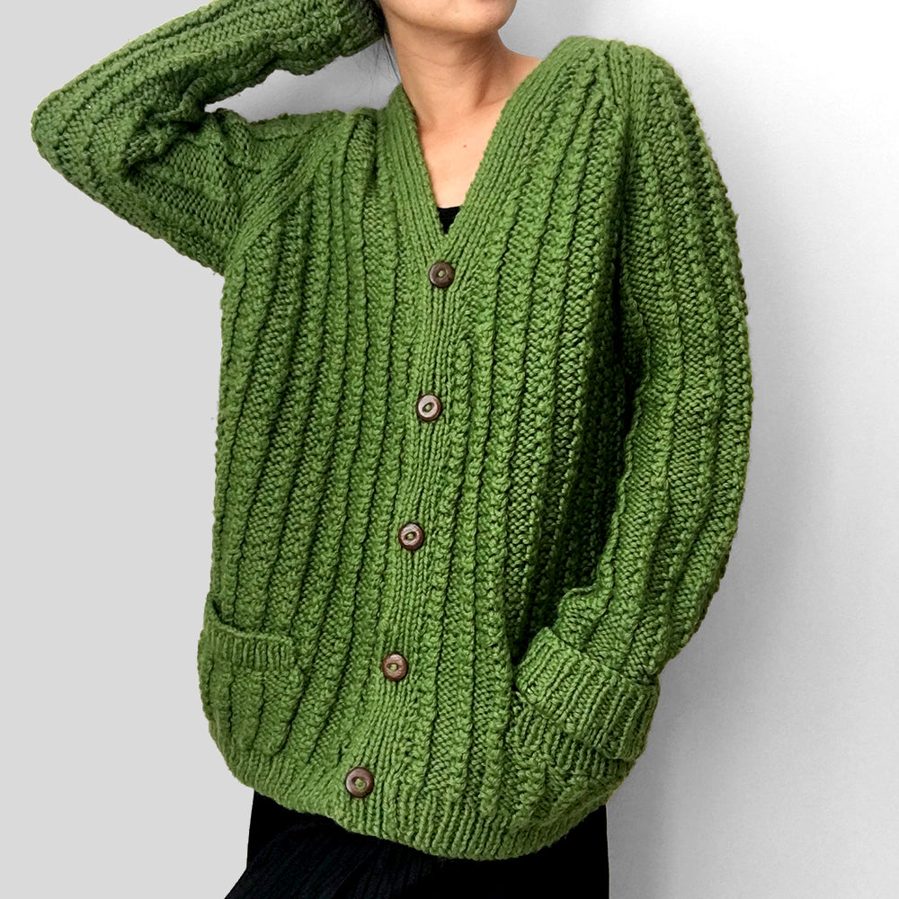 Apple-Green Button-Front Handmade Knit Cardigan