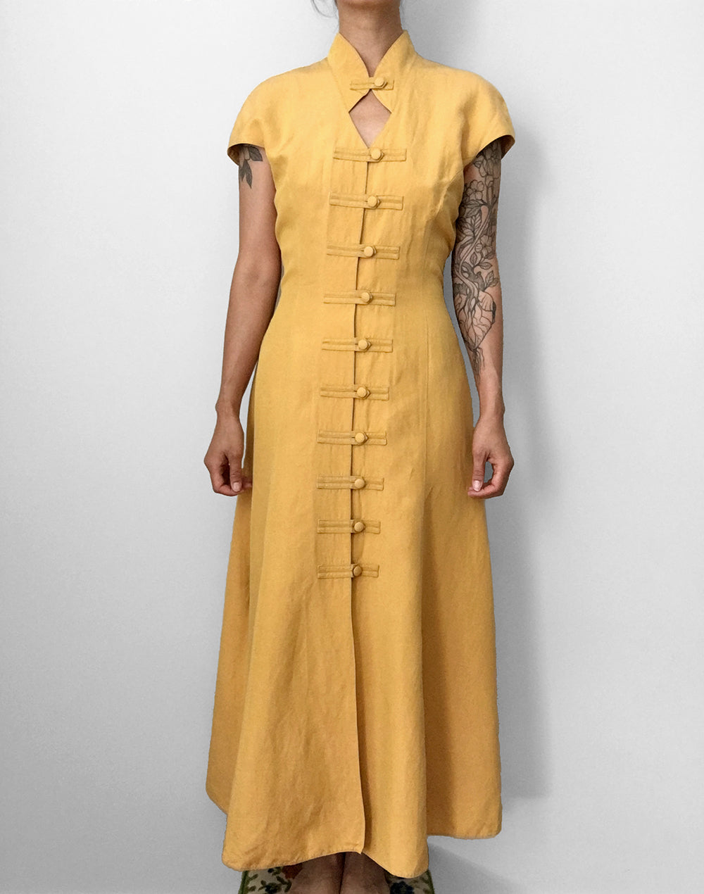 1990s Made in Germany Yellow Button-Front Mandarin Collar Dress