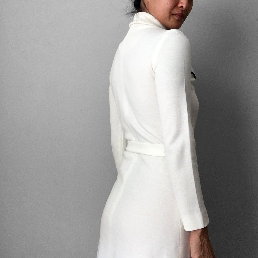 1970s Made in Canada Wide Lapel Button Up Off-White Belted Shirt Dress