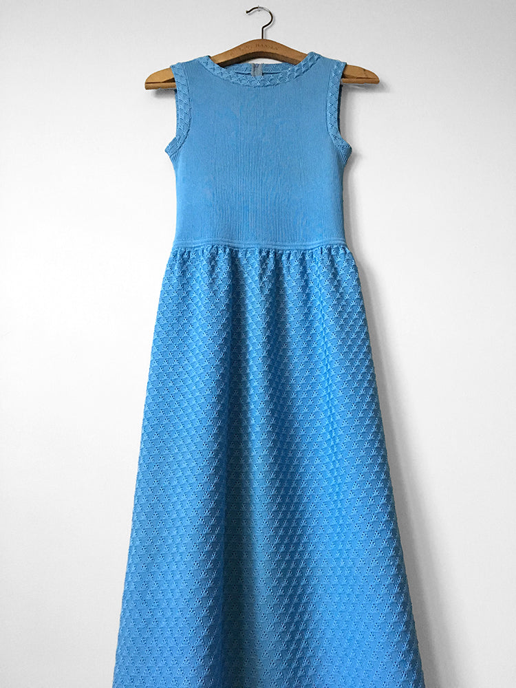 1960s - 1970s Sky-Blue Sleeveless Floor-Length Ribbed Knit Dress