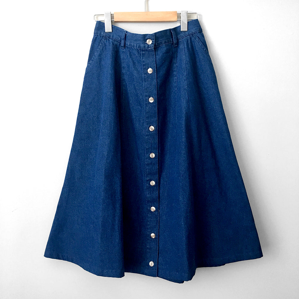 1990s Button-Front Dark Denim Midi-Length Skirt