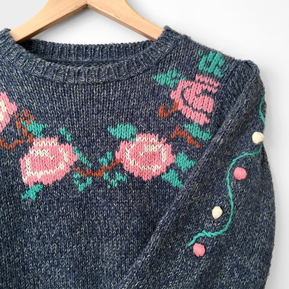 1970s Bobble-Knit Hand-Knit Handmade Floral Pullover Sweater