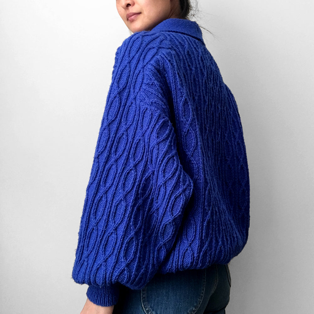 1980s Indigo Blue Slouchy Cable-Knit Cardigan Sweater