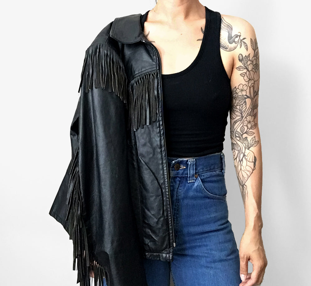 1970s Black Fringe Leather Biker Jacket