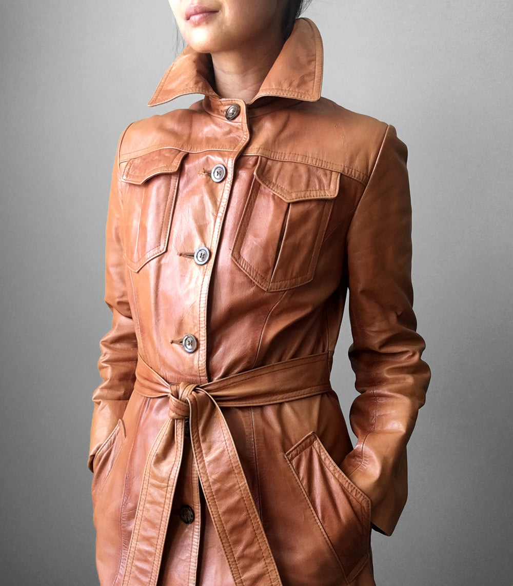 1970s Made in Canada Long Tobacco Brown Belted Leather Coat