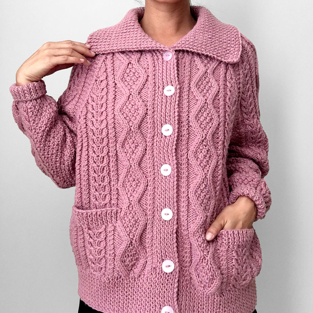 Handmade Dusty-Rose Cable-Knit Collared Knit Cardigan Sweater