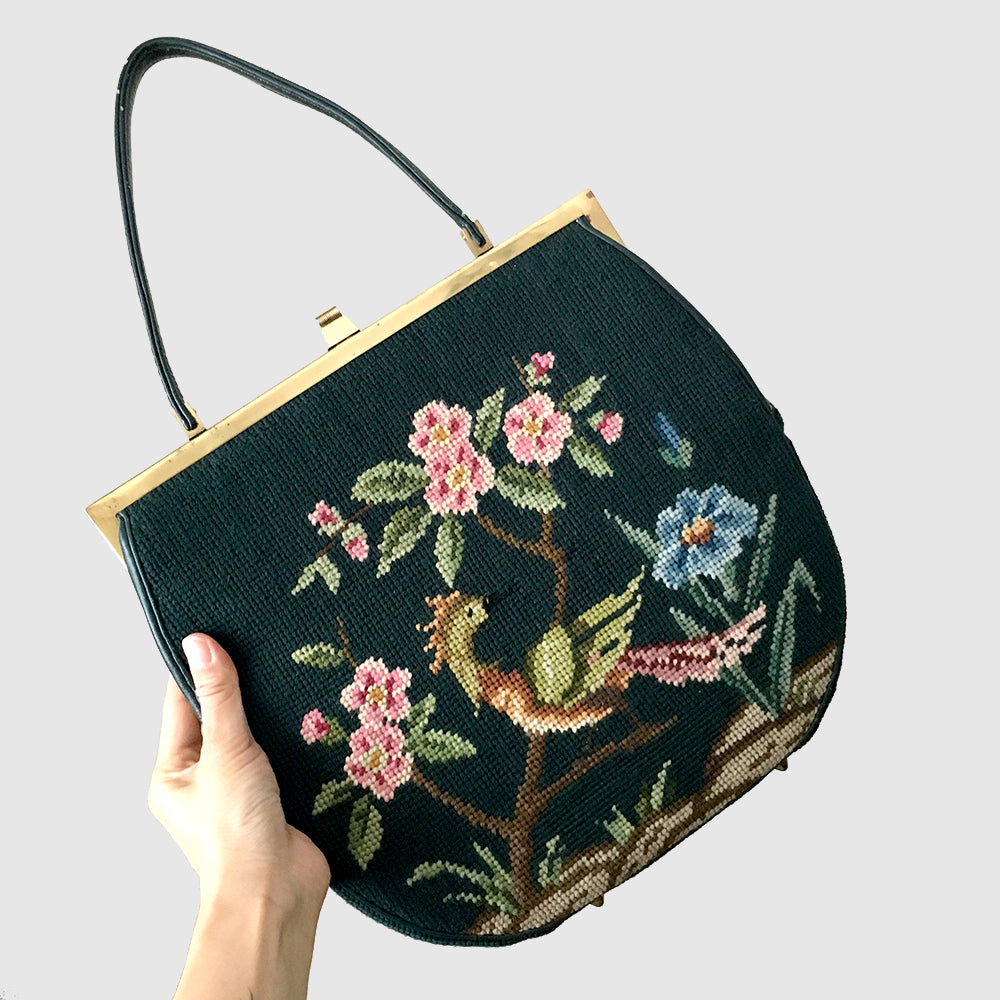 Teal Flower and Bird Needlepoint Handbag