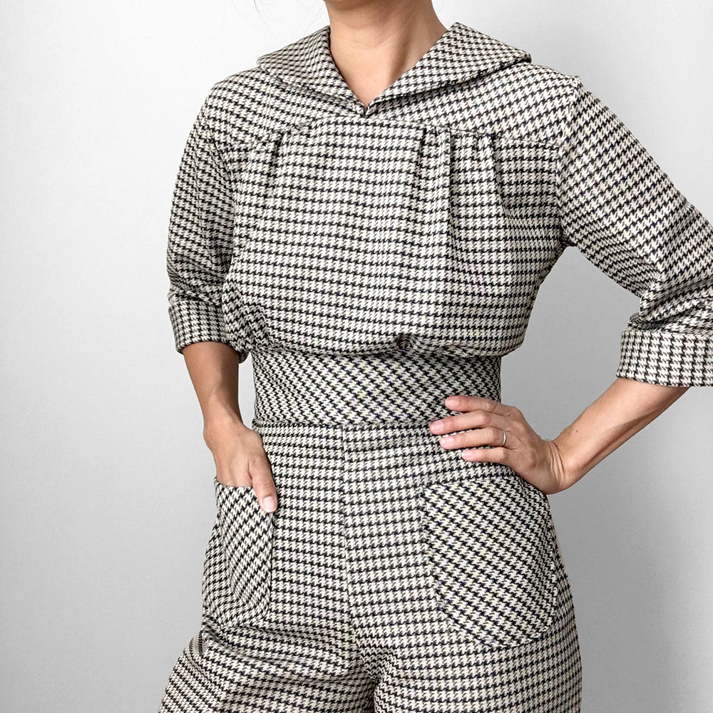 1970s Houndstooth Plaid One Piece Jumpsuit