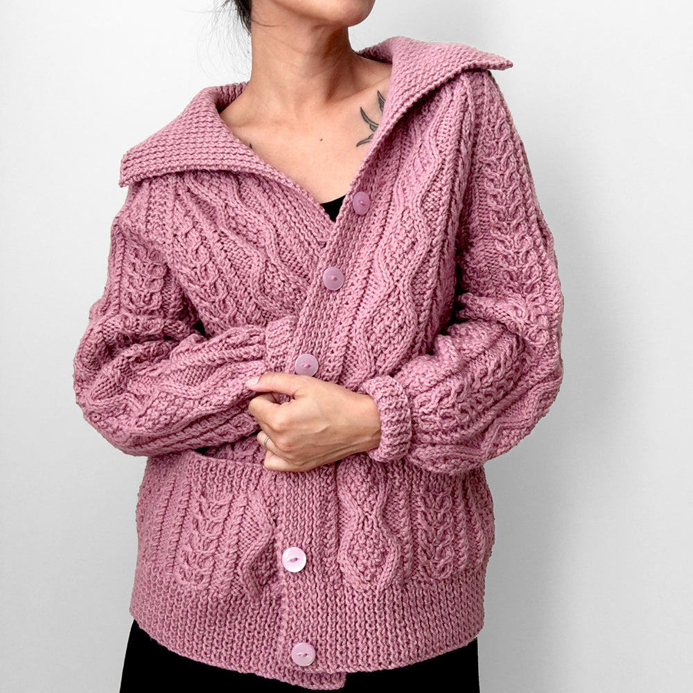 Handmade Dusty-Rose Cable-Knit Collared Knit Cardigan Sweater