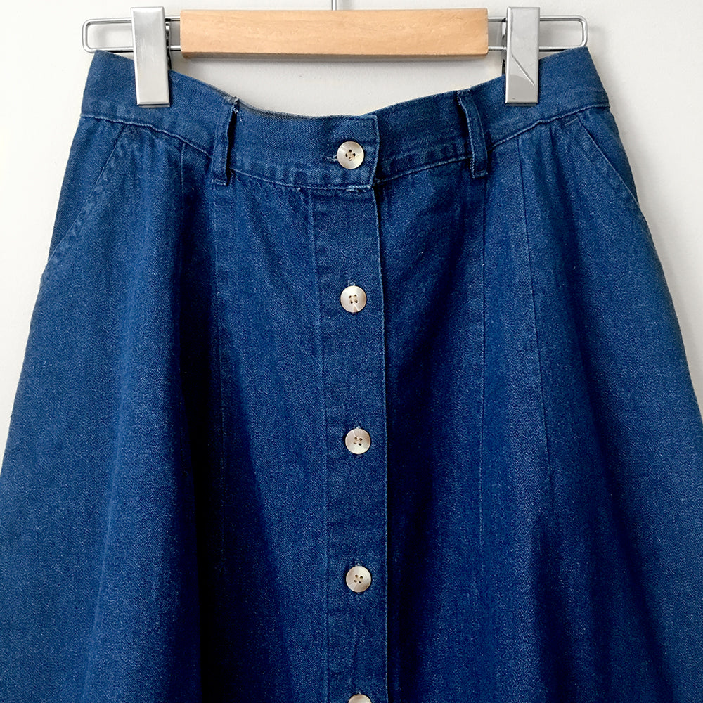 1990s Button-Front Dark Denim Midi-Length Skirt