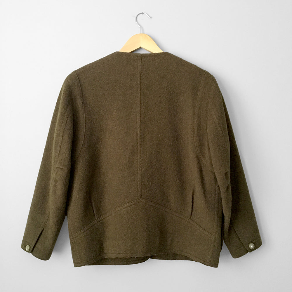 Olive-Green Wool-Blend Military-Inspired Boxy Jacket