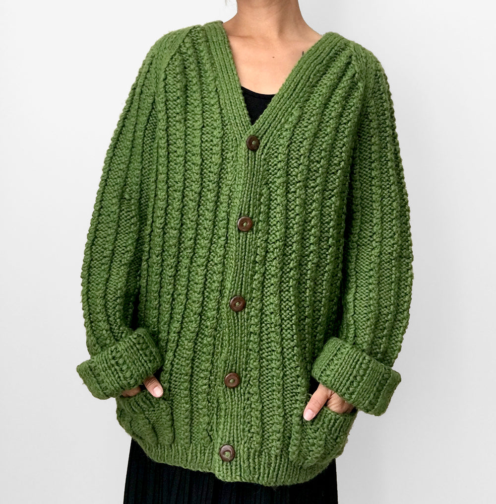 Apple-Green Button-Front Handmade Knit Cardigan