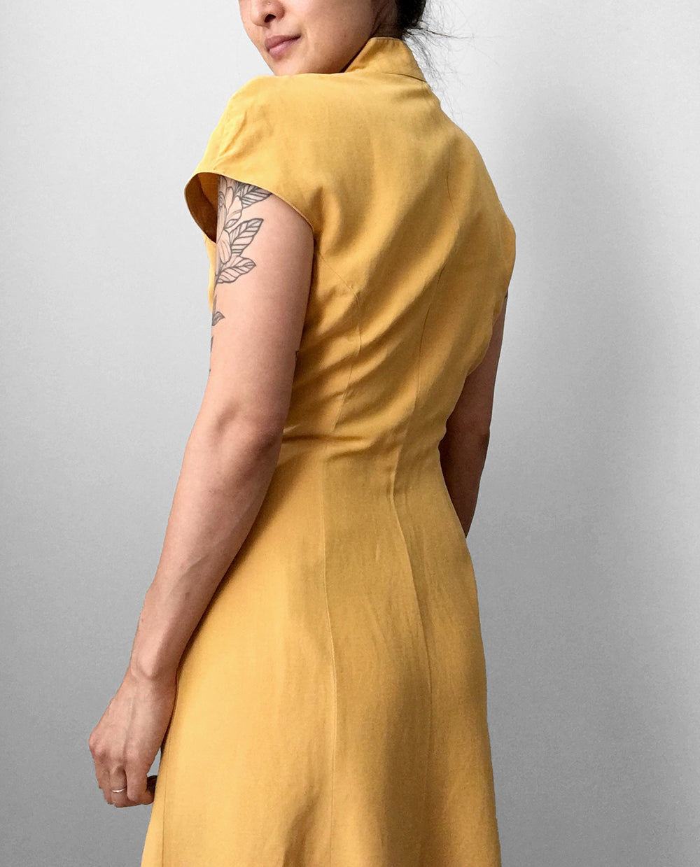 1990s Made in Germany Yellow Button-Front Mandarin Collar Dress