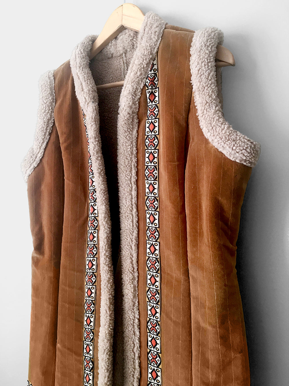 1970s Faux-Fur Lined Brown Velour Ribbon Vest