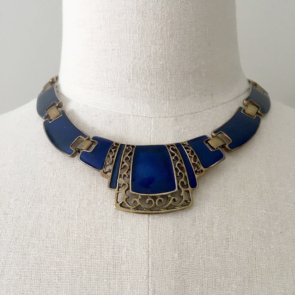 1970s Blue Gold-toned Enamel Sapphire Blue-Toned Link Necklace