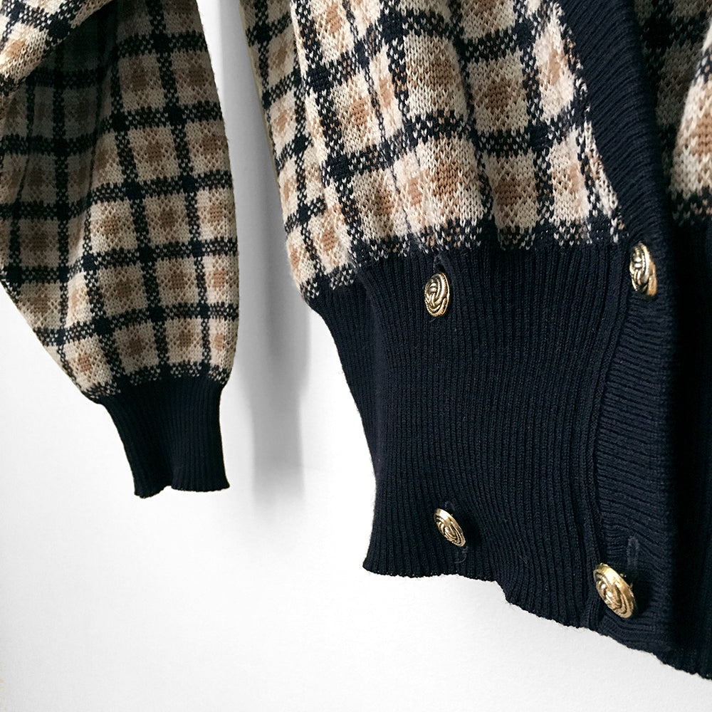 1980s Plaid Made in Britain  Button-Front Detailed Pullover Knit Sweater