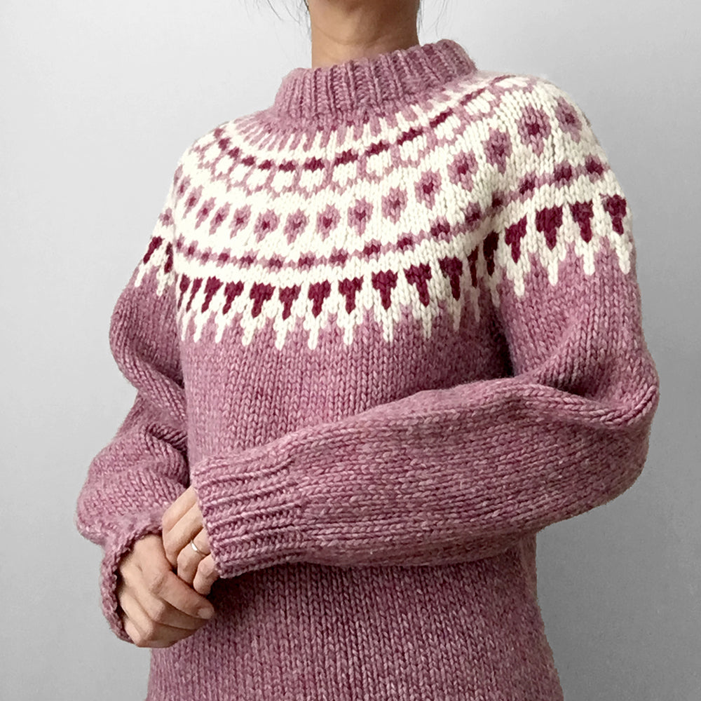 Mauve and Cream Handmade Nordic Knit Pullover Sweater