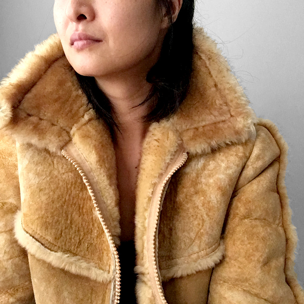 Tan Made in Canada Shearling Sheep Zip Front Jacket