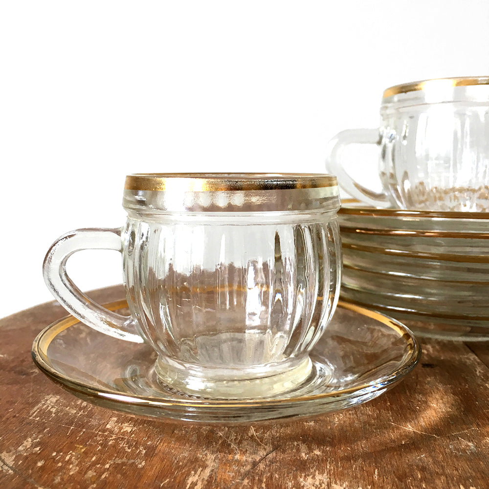 1950s French Cut-Glass Gold-Trimmed Demitasse Cups and Saucer Sets