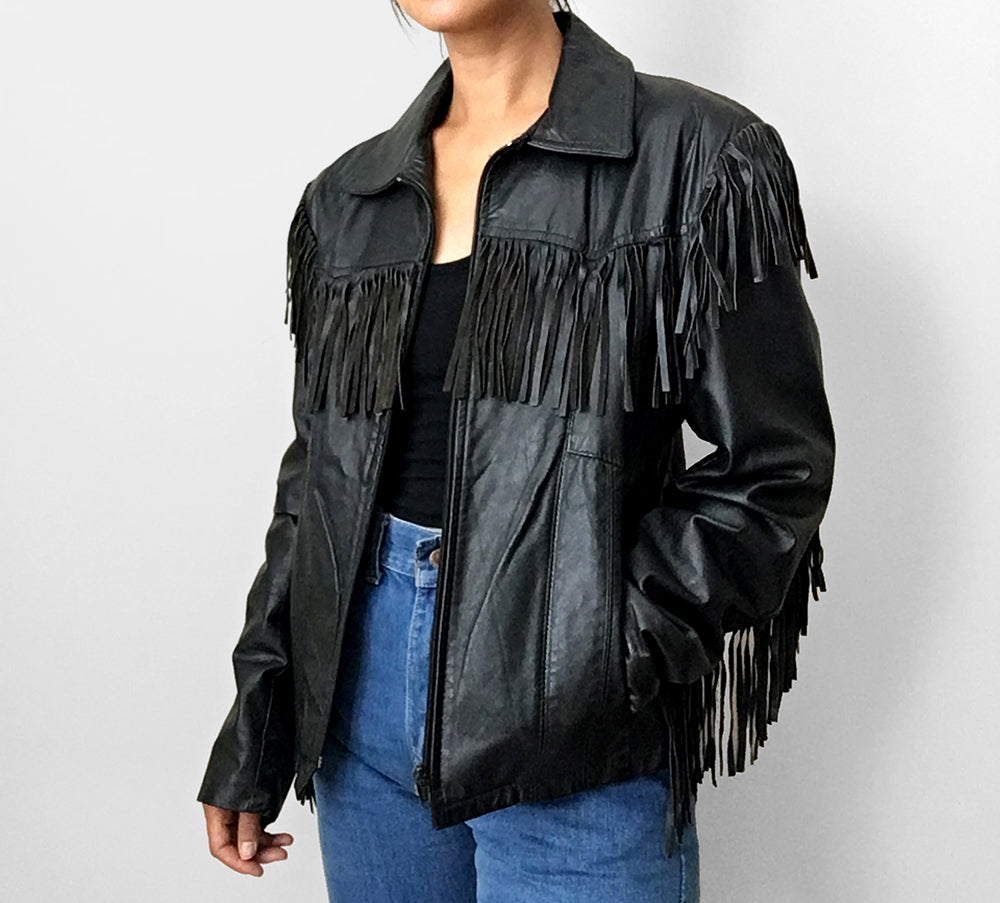 1970s Black Fringe Leather Biker Jacket