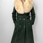 1970s Made in England Faux Fur Collared Hunter-Green Suede Leather Belted Coat