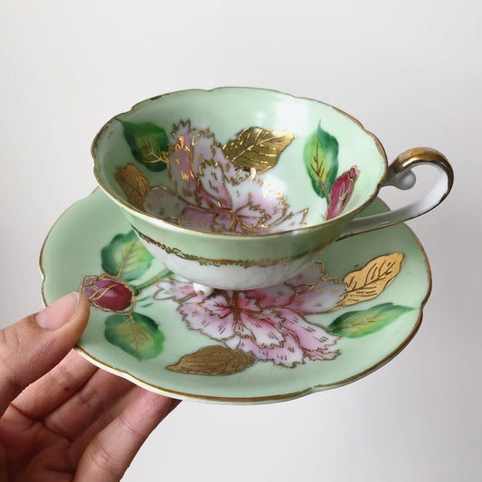 Saji Green Pink and Gold Floral Leaf Footed Japanese Fine China Teacup and Saucer