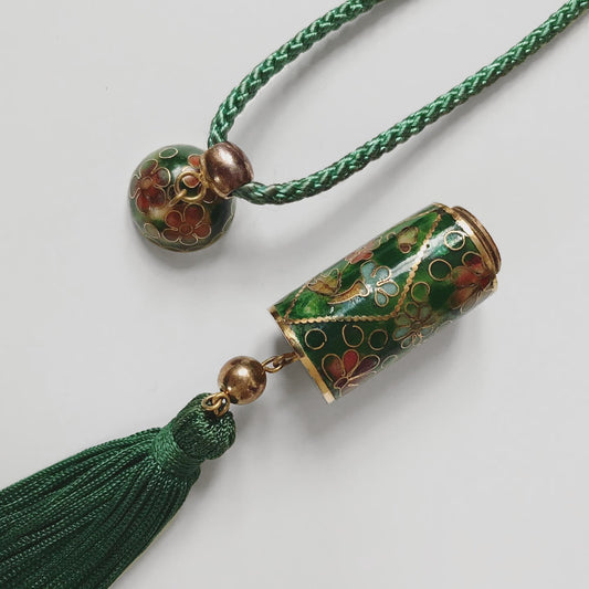 Green Floral Cloisonne Capsule Rope Tassel Necklace