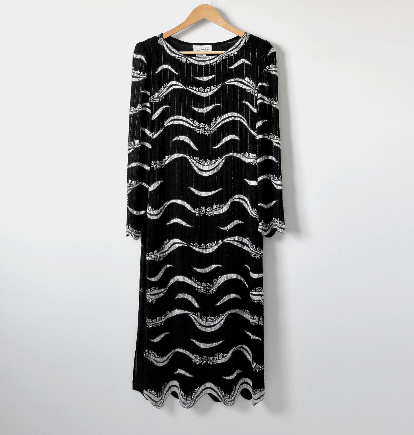 1980s Black and White Midi-Length Beaded Shift Dress