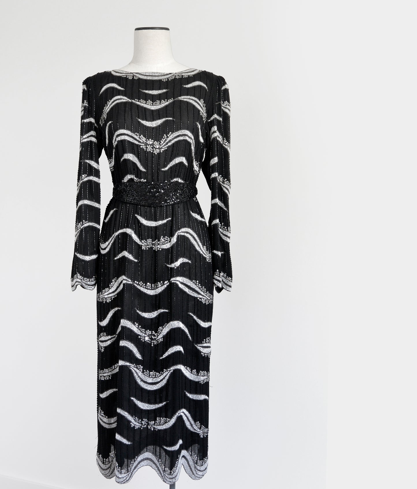 1980s Black and White Midi-Length Beaded Shift Dress