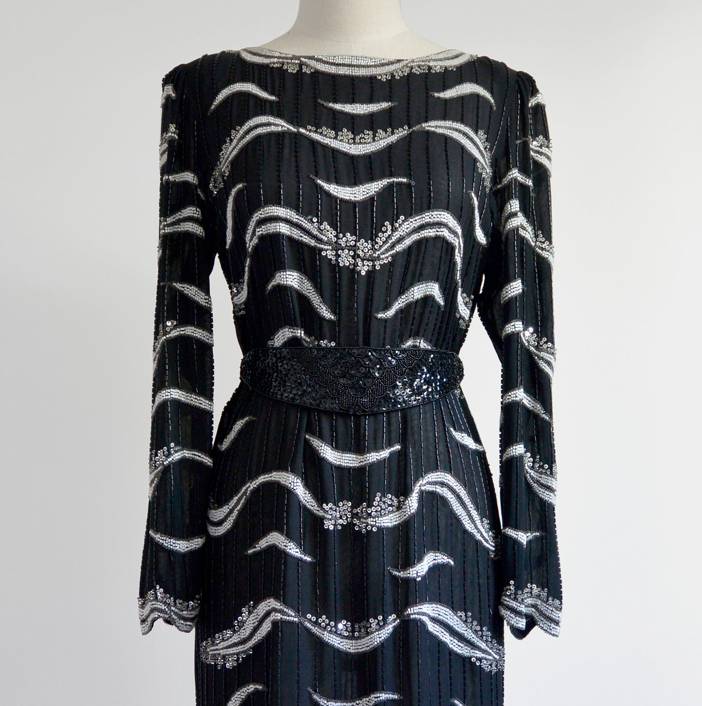 1980s Black and White Midi-Length Beaded Shift Dress