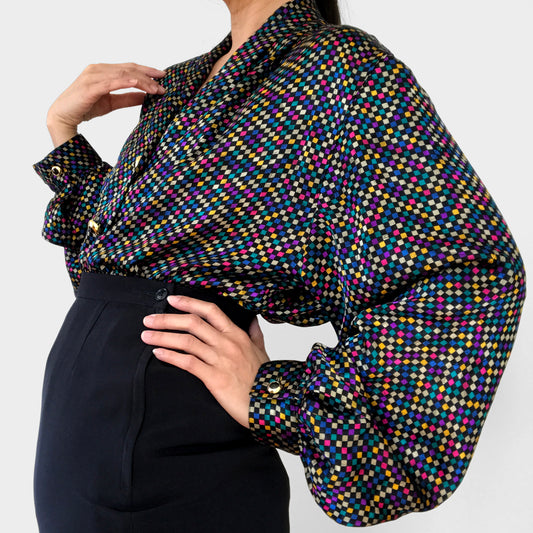 1980s Multi-Coloured Checker Patterned Gold Button Button-Front Blouse