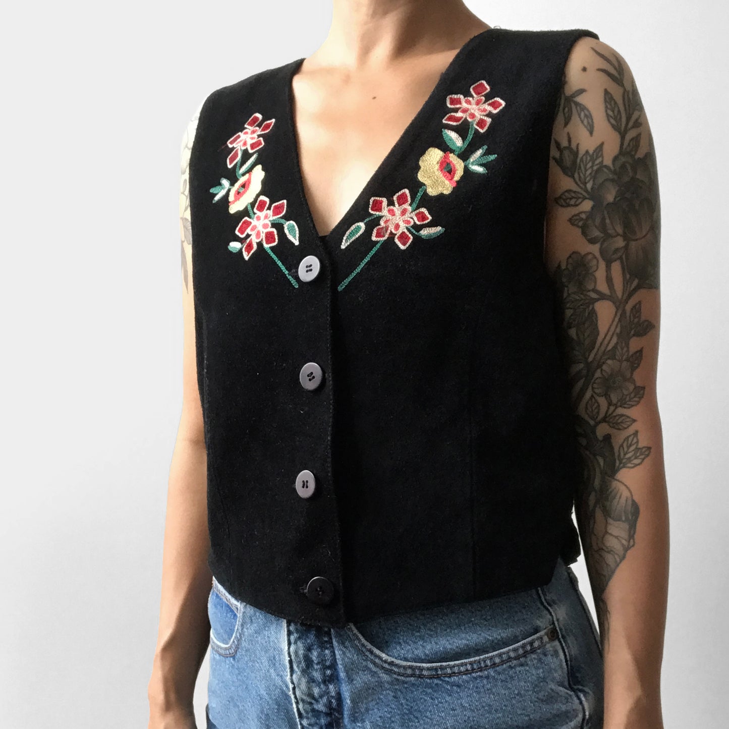 1970s Floral Embroidered Black Suede Crop Vest