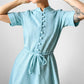 1960s Turquoise Button-Front Tied-Waist Short-Sleeve Textured Knit Dress - Sz. S