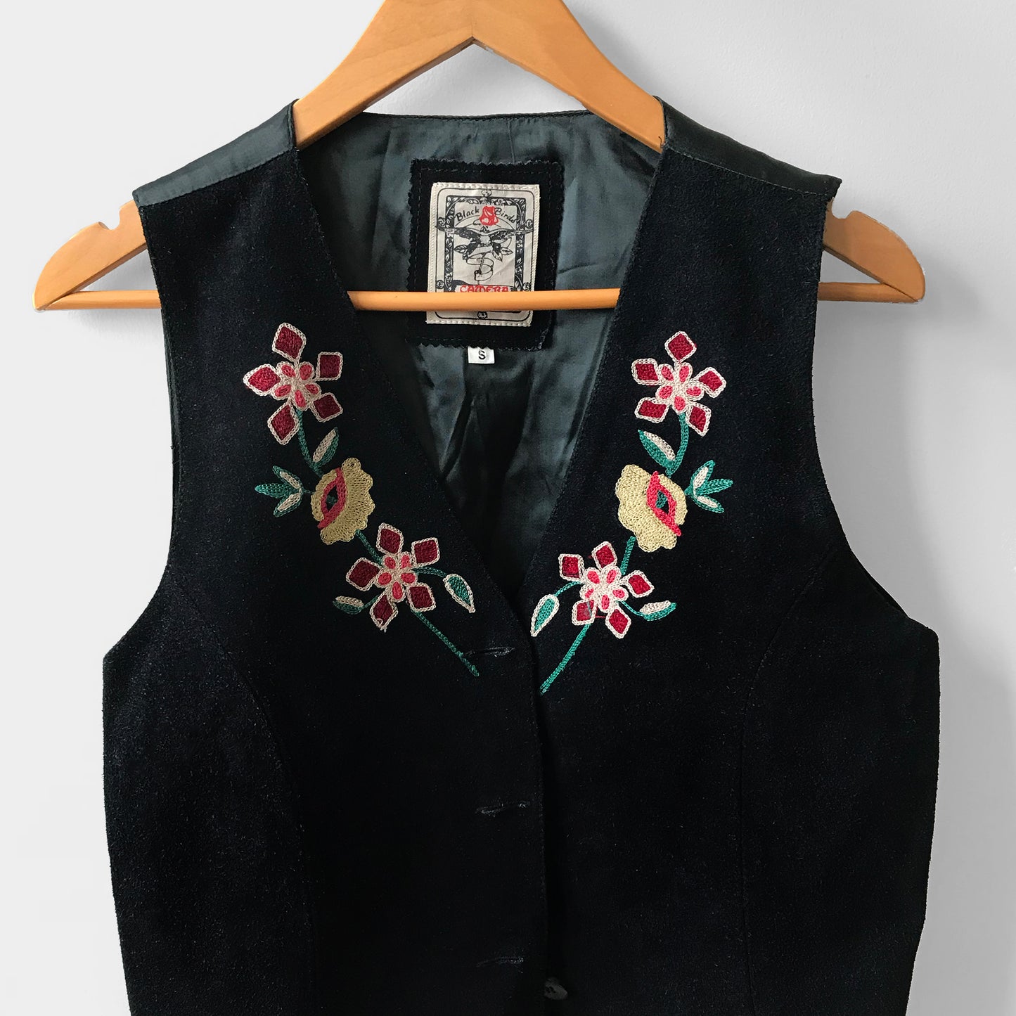 1970s Floral Embroidered Black Suede Crop Vest