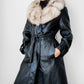 1970s Black High Quality Leather Long Belted Quilted Lining Fur Collar Coat - S/M