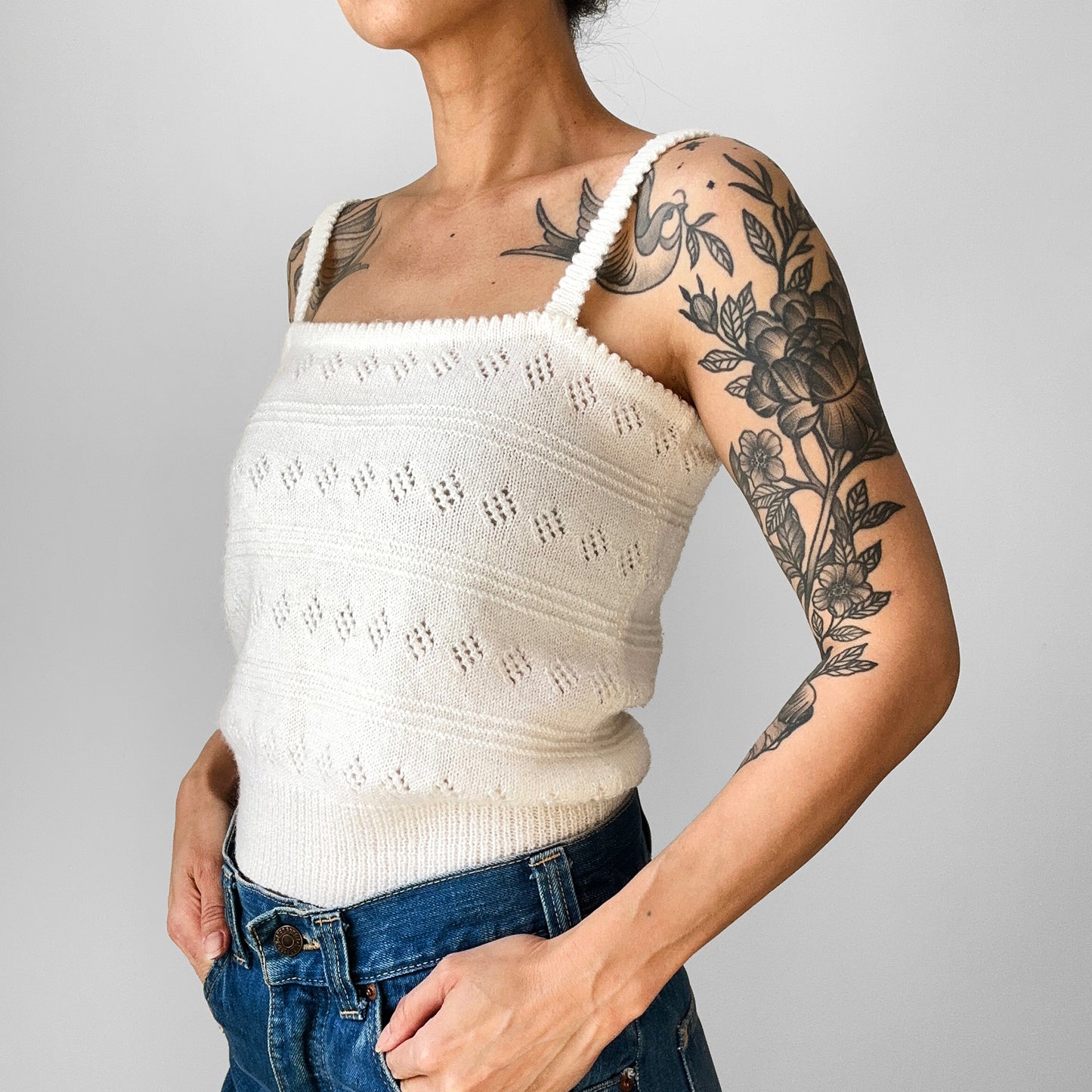 1970s Off-White Soft Lightweight Knit Crop Tank Top