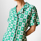 1960s Apple Green and White Patterned Button-Front Belted Knee-Length Dress - M/L