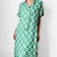 1960s Apple Green and White Patterned Button-Front Belted Knee-Length Dress - M/L