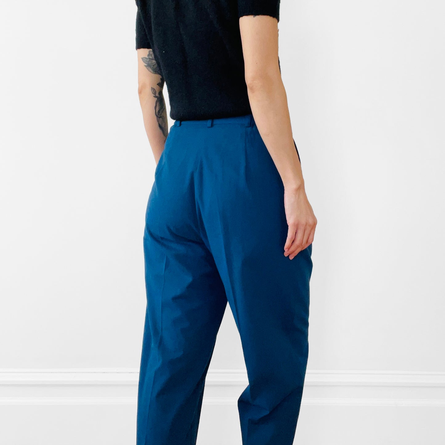 1980s Blue High-Waisted Pleated Tapered-Leg Pants