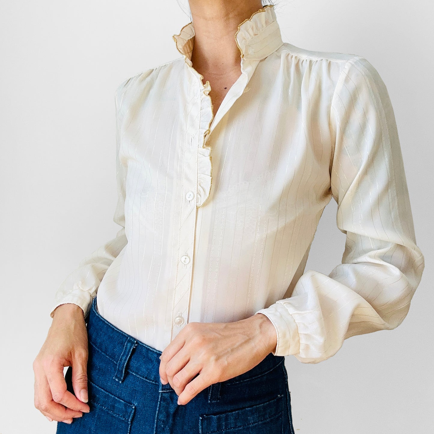 1970s Made in Canada Cream and Gold Piped Stripe Patterned Fitted Blouse - XXS / XS