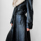 1970s Black High Quality Leather Long Belted Quilted Lining Fur Collar Coat - S/M